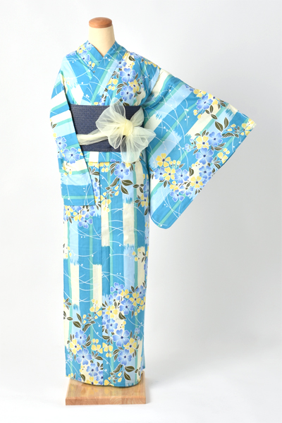 浴衣【ブルー×縞・花】5Lサイズ