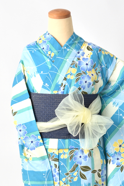 浴衣【ブルー×縞・花】5Lサイズ