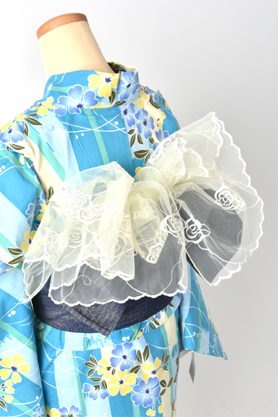 浴衣【ブルー×縞・花】5Lサイズ