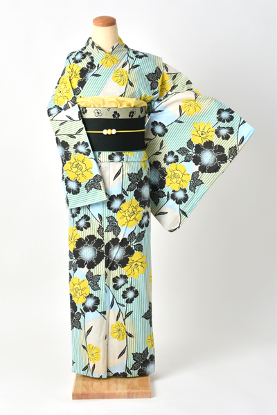 浴衣【ペールライトブルー×縞・花】5Lサイズ