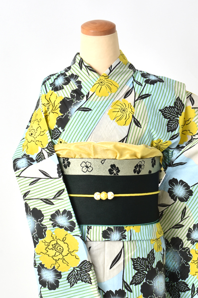 浴衣【ペールライトブルー×縞・花】5Lサイズ