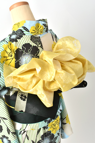 浴衣【ペールライトブルー×縞・花】5Lサイズ