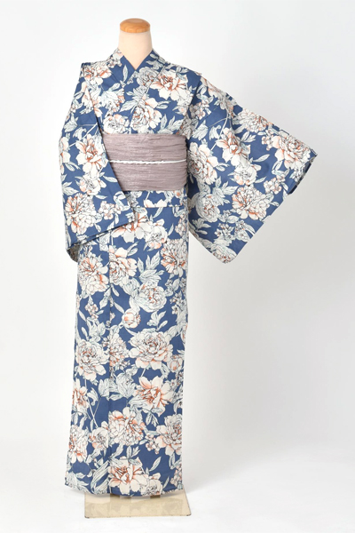 浴衣（くすみブルー×牡丹）